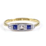 An Art Deco 18ct gold 5-stone sapphire and diamond ring, setting height 3.6mm, size J, 1.3g