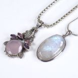 A sterling silver gem set pendant, on heavy box link silver chain, together with a large moonstone