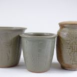 Lowerdown studio pottery, (David Leach interest), 2 plant pots with green glaze incised