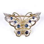 A 9ct gold sapphire and diamond butterfly brooch, with openwork settings, wingspan 36.5mm, 5g