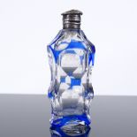 A Victorian small blue glass overlay scent bottle, with silver lid, height 7.5cm