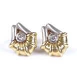 A pair of unmarked gold diamond panel earrings, with 2-tone textured finish, unmarked settings