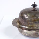 An Edwardian 3-piece silver muffin warmer, with scalloped rim and turned ebony handle, possibly by T