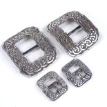 2 pairs of Scottish Iona silver buckles, with Celtic designs, by Alexander Ritchie, largest length