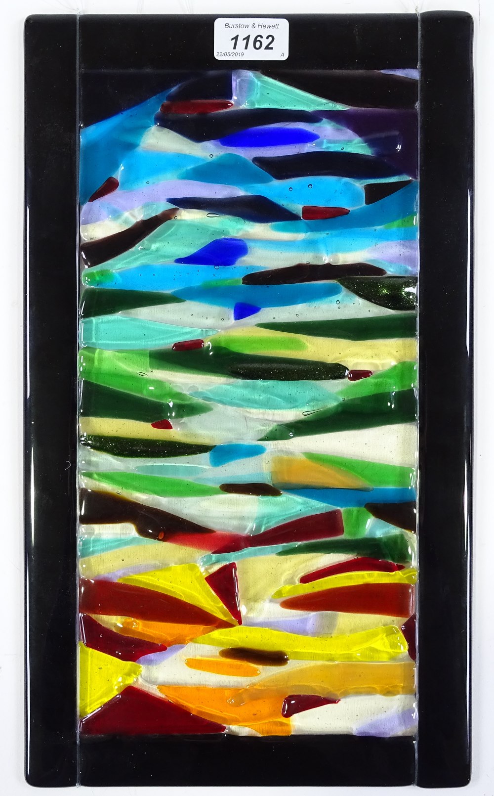 Studio coloured glass hanging sculpture, abstract composition, unsigned, 16" x 9"