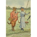 Manner of Louis Wain, watercolour, cats fishing, 10" x 6.5", and a quantity of Louis Wain prints