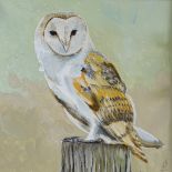 Clive Fredriksson, oil on canvas, snowy owl in rustic wood frame, overall dimensions 28" x 23",
