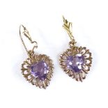 A pair of 9ct gold heart-shaped amethyst drop earrings, height excluding fitting 10.6mm, 2g