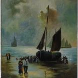 Pair of oils on canvas, circa 1900, moonlit harbour scenes, unsigned, 24" x 12", unframed