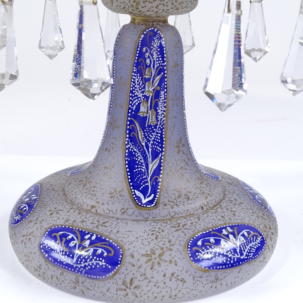 A 19th century gilded blue enamel table lustre with cut-glass drops, height 29cm - Image 3 of 3