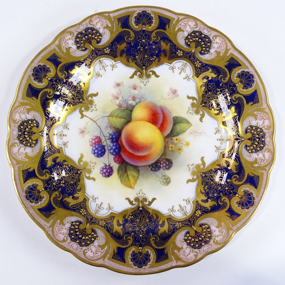 A Royal Worcester porcelain cabinet plate, with hand painted fruit design in textured gilded border, - Image 2 of 3