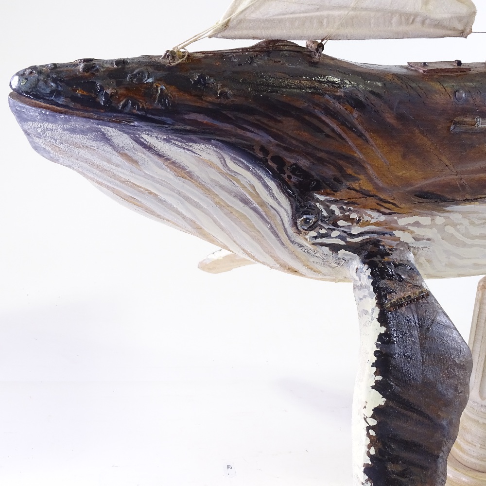 Clive Fredriksson, carved and painted wood surrealist sculpture, whale ship, length 40", height 37" - Image 4 of 4