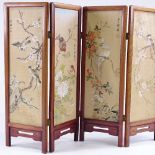 A Chinese stained wood 4-fold table screen, with inset watercolour painted panels, height 40cm