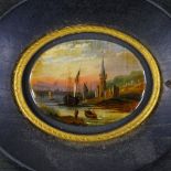 A miniature 19th century oval reverse painting behind glass, sunset landscape, panel size 1.25" x