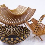 3 mid-century wood and beadwork table centre bowls, largest length 42cm