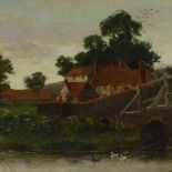 Will Anderson, oil on canvas, riverside village scene, signed, 16" x 24", framed