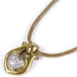 An 18ct gold sapphire and diamond heart-shaped pendant necklace, on 18ct mesh chain, pendant