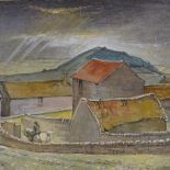Early to mid-20th century oil on canvas, farmer and horse in a farmyard, signed with monogram, 16" x