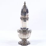 An Edwardian silver baluster sugar shaker, by Mappin & Webb, hallmarks London 1908, height 18.5cm,