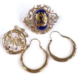 A 15ct gold ruby and pearl circular brooch, pair of 9ct gold hoop earrings, and a 9ct gold brooch