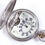 An Art Nouveau silver cased full hunter side-wind Hebdomas pocket watch, with skeleton balance wheel