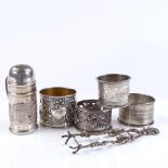 Various silverware, including 4 napkin rings, handled pepperette, and Continental sugar tongs, 4.5oz
