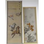 Chinese School, watercolour on silk, horse round-up, 34" x 11.5", a Chinese embroidery, and a