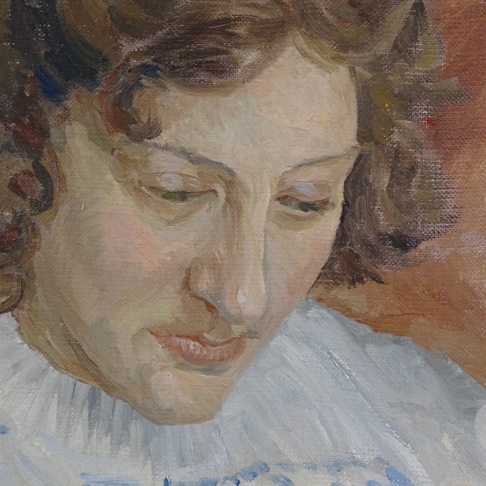 Mid-20th century British School, oil on canvas, portrait of a woman, unsigned, 18" x 14", framed - Image 3 of 4
