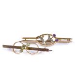 2 gold stone set bar brooches, 3.8g total