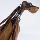 A carved wood Airedale Terrier head handled parasol, with silver collar, hallmarks London 1944