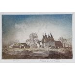 Rowland Hilder, coloured etching, oast house and barn, plate size 5" x 7.5", and Lana Cassidy,