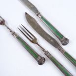 A set of 6 late Victorian silver dessert knives and forks, with green stained ivory panel handles