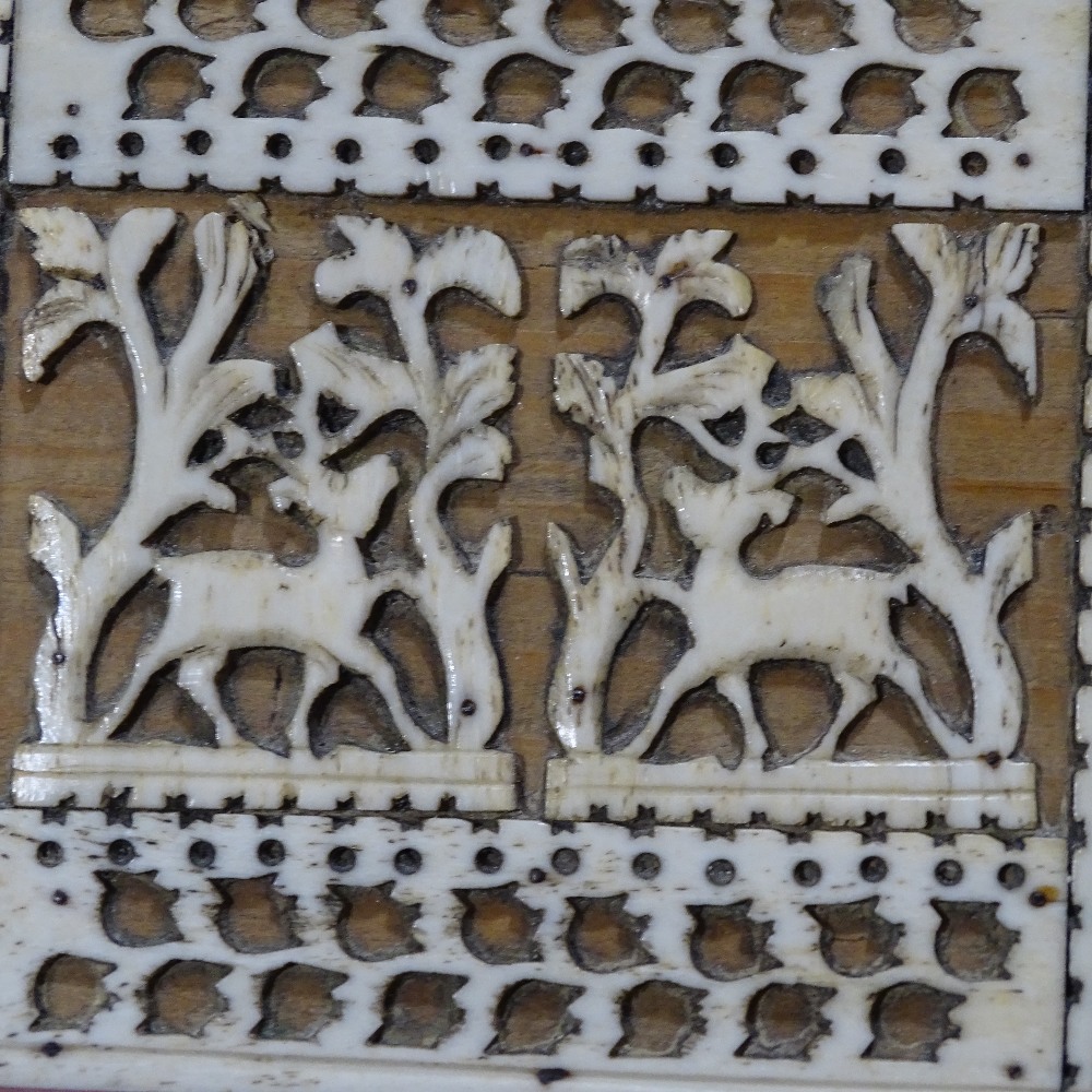 A 19th century bone fretwork decorated jewel box, length 14cm, a Chinese relief carved ivory card - Image 5 of 17