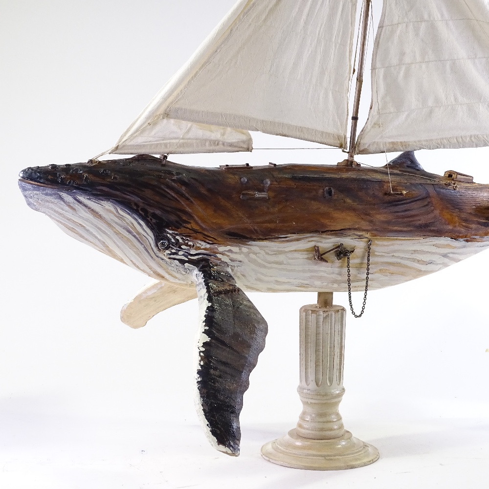 Clive Fredriksson, carved and painted wood surrealist sculpture, whale ship, length 40", height 37"