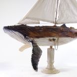 Clive Fredriksson, carved and painted wood surrealist sculpture, whale ship, length 40", height 37"