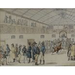 19th century hand coloured print, the auction department at the horse bazaar, published 1824,