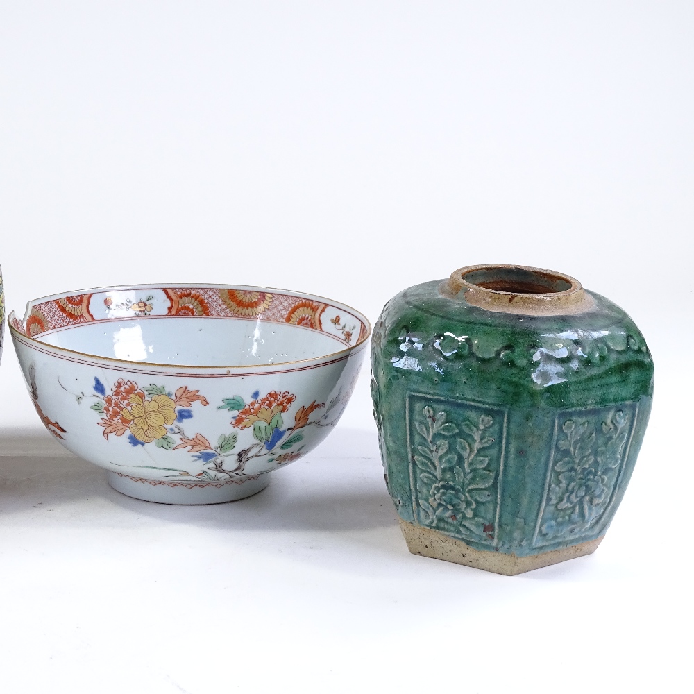 3 Chinese porcelain ginger jars, and a Chinese porcelain bowl, diameter 22cm (large rim chip) - Image 2 of 3