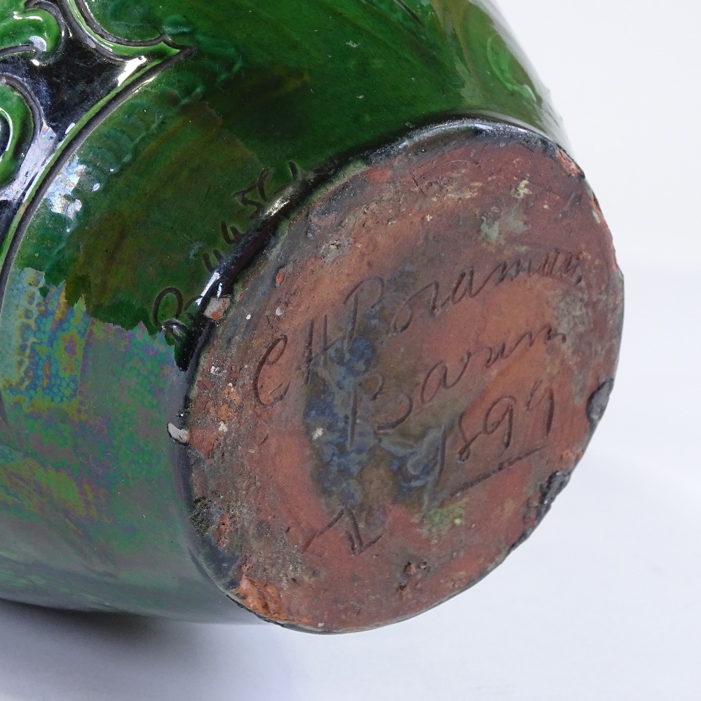 A Brannam Barnstaple Pottery green-glazed vase, with incised scroll decorated panels and 3 - Image 3 of 3