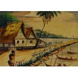 M Sawoot (Pak Sawoot), watercolour, coastal kampung, mid-20th century, 5" x 7", framed