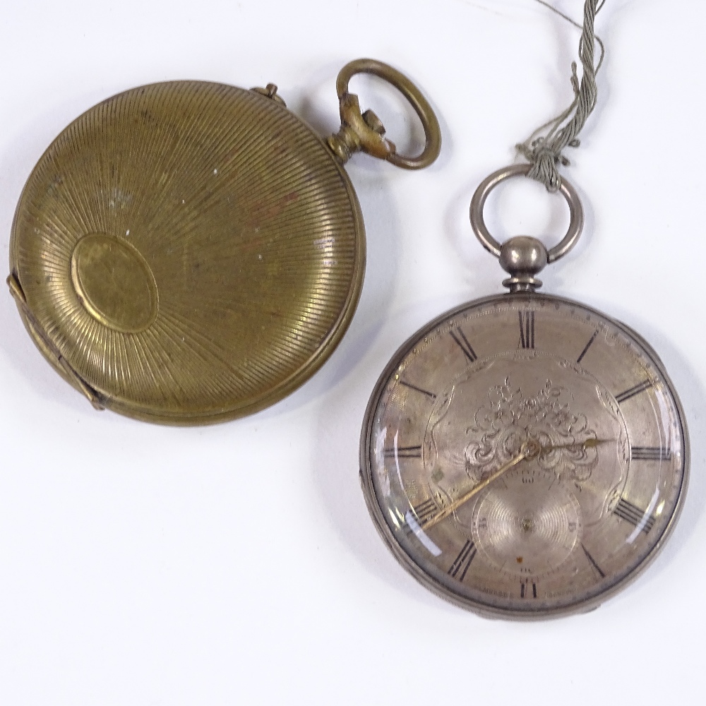 2 pocket watches, comprising an unmarked silver-cased pocket watch, and an Art Deco brass-cased - Image 5 of 5