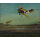 Watercolour/gouache, First War German bi-plane and airship, indistinctly signed, 7.5" x 10", framed