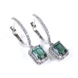 A pair of 14ct white gold green tourmaline and diamond cluster hoop earrings, total rectangular-