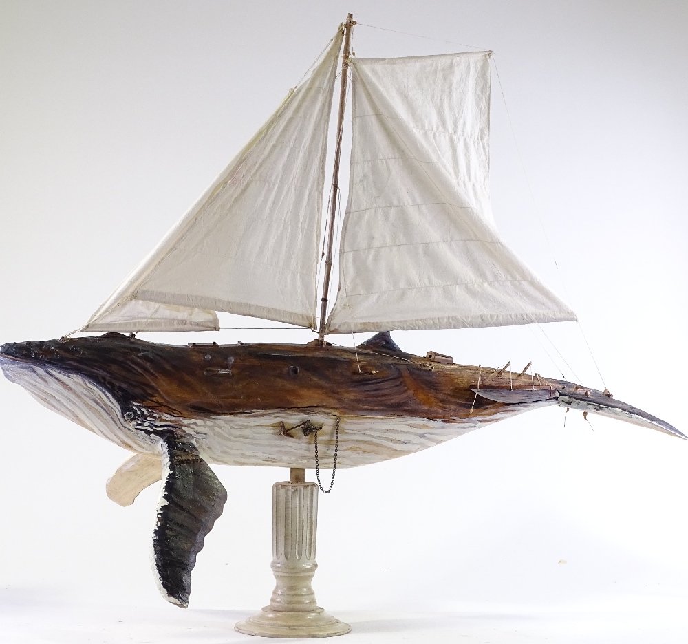 Clive Fredriksson, carved and painted wood surrealist sculpture, whale ship, length 40", height 37" - Image 2 of 4