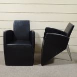 A pair of Philippe Starck J Serie Lang armchairs in black leather, by Aleph (Driade), with moulded