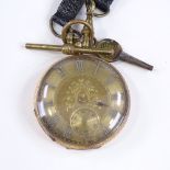 A Swiss 14ct gold open-face key-wind pocket watch, with floral engraved case and face, subsidiary