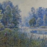 Early 20th century watercolour, mist on a rural river, unsigned, 20" x 28", framed