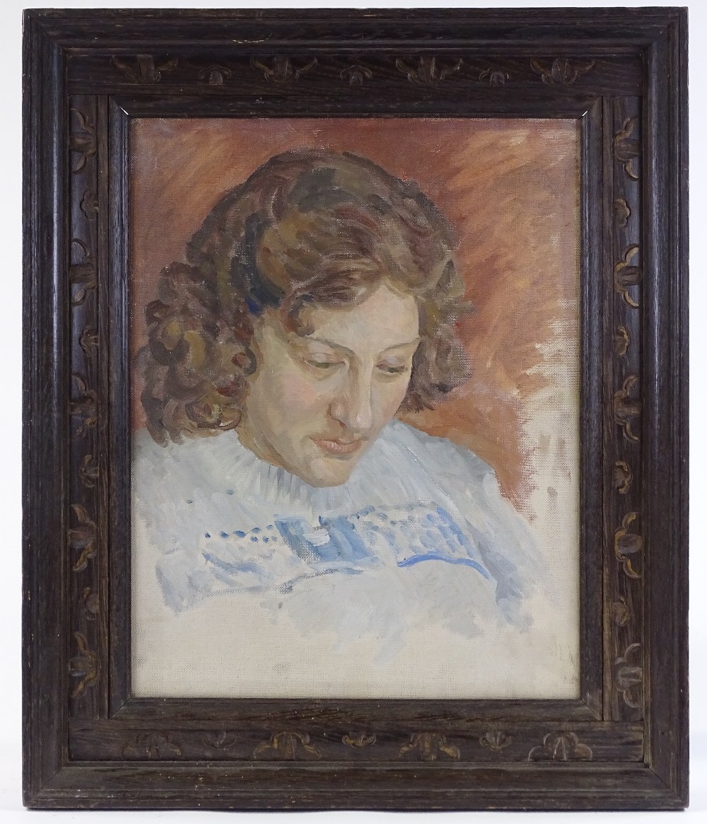 Mid-20th century British School, oil on canvas, portrait of a woman, unsigned, 18" x 14", framed - Image 2 of 4