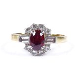 An 18ct gold Art Deco ruby and diamond cluster ring, set with oval-cut ruby, surrounded by round