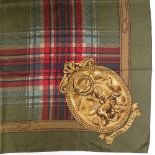 A Ralph Lauren hunting design silk scarf, on olive green ground, 90cm x 90cm