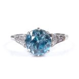 A 9ct white gold blue zircon solitaire ring, setting height 9.1mm, size N, 2.4g